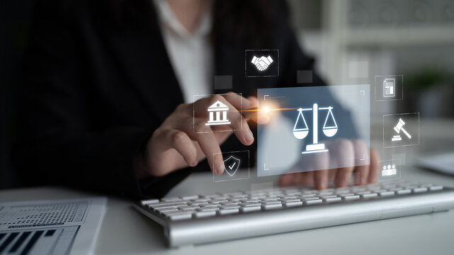 Legal compliance and governance concept showing justice scale, courthouse, contract, policy, agreement, rule, and protection of rights in legal or business environment Latch