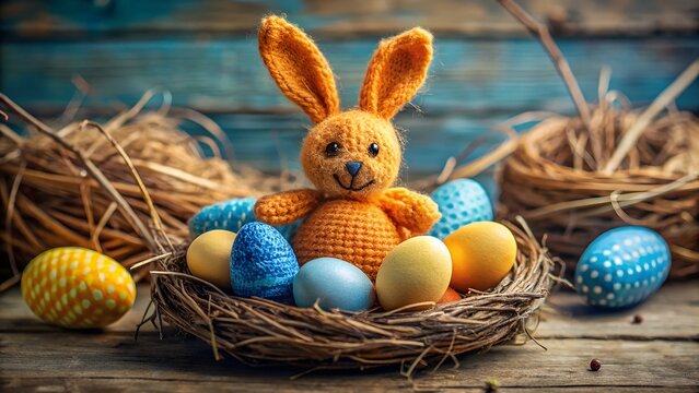 A knitted orange bunny sits in a nest surrounded by colorful easter eggs on a rustic wooden surface
