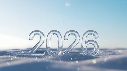 Clear glass numbers 2026 resting on sparkling snow under a bright blue sky new year