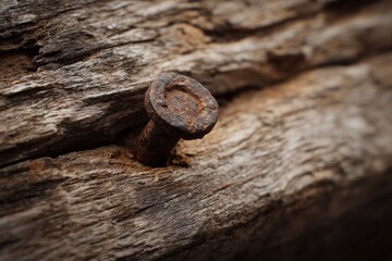 A rusty nail head protrudes from weathered wood showing texture  signs of age