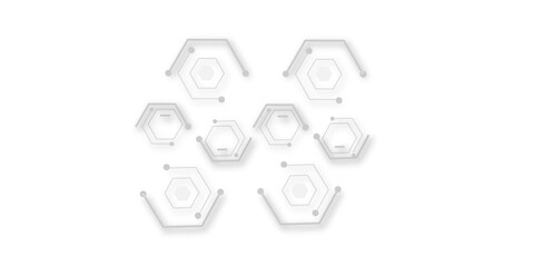 Naklejka premium A minimalist abstract design featuring light gray hexagonal shapes interconnected by lines and dots, casting soft shadows on a white background,creating a clean,futuristic,