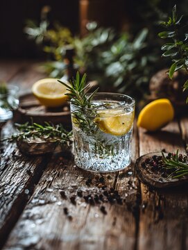 Refreshing Drink with Lemon and Rosemary on Rustic Wooden Table