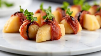 A white marble platter featuring prosciutto di Parma artfully wrapped around chilled melon balls, garnished with arugula and cracked black pepper, drizzled with aged balsamic glaze.