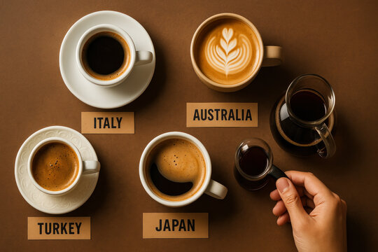Top view of global coffee styles from Italy, Turkey, Japan, and Australia, showcasing cultural diversity and brewing traditions around the world.
