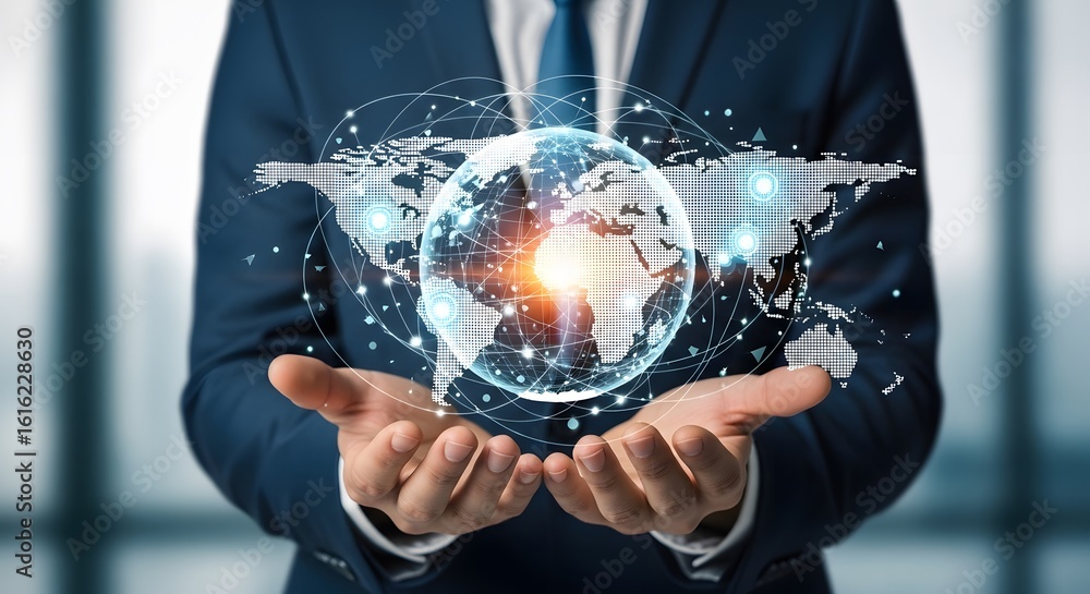 Poster dynamic businessman holding glowing digital globe with interconnected network lines connecting globa