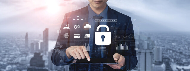 Digital cyber security lock system highlighting data security encryption, cyber password...