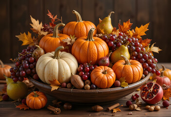 Bowl overflowing with pumpkins, grapes, pears, and autumn leaves. Generative AI