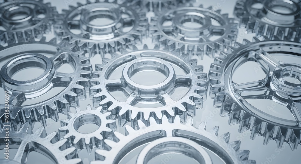 Poster intricate metallic gears meshing seamlessly, symbolizing precision engineering, complex systems, and