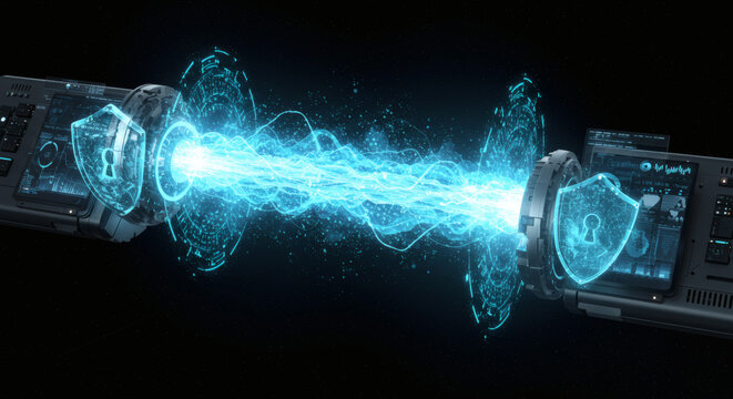 Futuristic secure data transfer with an encrypted energy stream connecting two terminals with digital shields.
