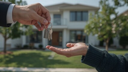 Transfer of keys between two people in front of a house, representing the purchase or rental