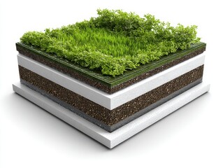 Blueprint cutaway of a green roof system with soil layers, drainage structure, and vegetation. Sustainable building design and eco-construction. White background.