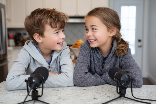 Siblings podcasting at kitchen table with microphones, playful interaction, cozy vibe