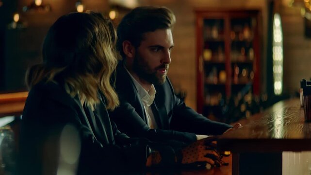 Beautiful Caucasian couple having a date in a stylish restaurant, talking and laughing. Shot with 2x anamorphic lens