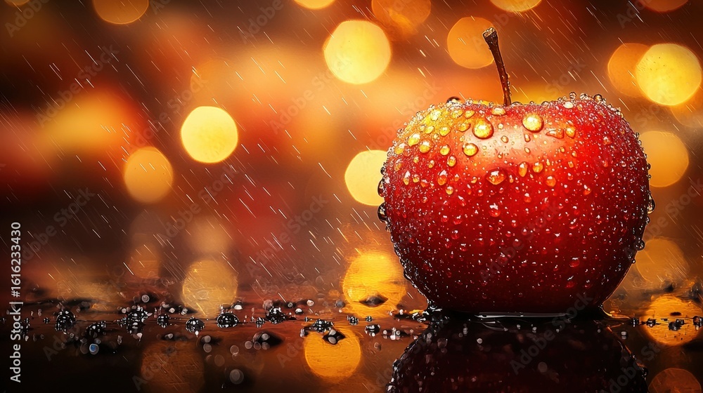 Poster close-up of a dewy red apple with water droplets on a reflective surface, illuminated by warm bokeh 