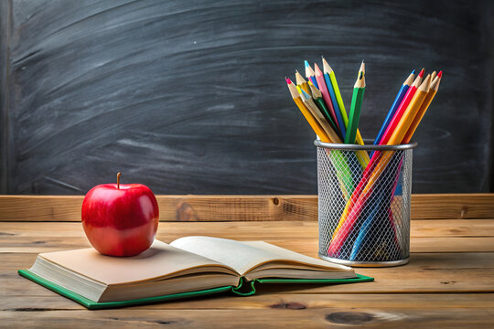 Photo of an open book with a red apple and colored pencils on a wooden desk in front of a chalkboard