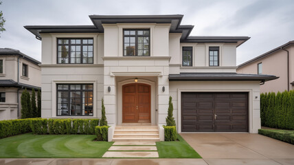 Elegant modern luxury home with pristine landscaping and attached garage