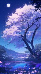 桜 さくら 木 月 月光 よる 夜 夜桜 はる 春 日本 アニメ风 背景 壁紙