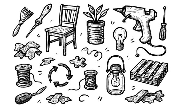 Hand drawn doodle art of diy craft tools and decor elements