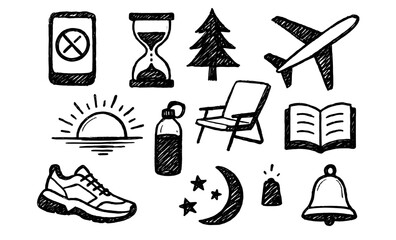 Fototapeta premium Hand drawn doodle icons featuring nature, travel, and everyday objects in black and white