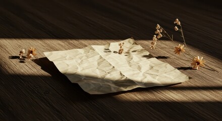 Aged paper with dried flowers and sunlight on a wooden surface