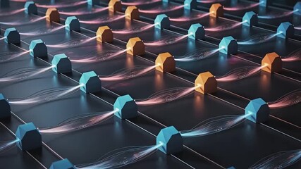 Dynamic network of interconnected nodes pulses with vibrant energy, symbolizing data flow and connectivity - Powered by Adobe