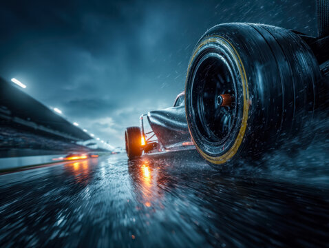 High-speed race car navigating wet track under stormy skies