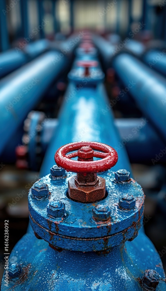 Poster industrial pipeline system with a focus on a valve in a factory setting