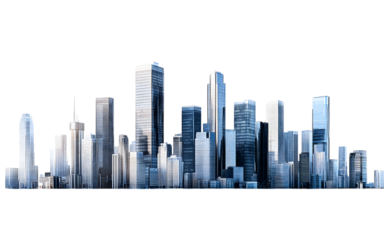 Modern city skyline with tall buildings isolated on transparent background