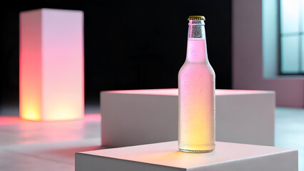 Glass bottle with sparkling beverage and condensation on a modern pedestal illuminated by colorful soft lighting in a minimalistic setting