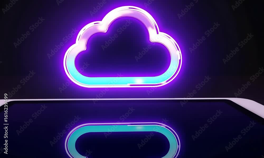 Poster a glowing neon cloud above a tablet with a reflection on the screen in a dark environment
