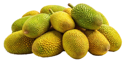 A vibrant pile of ripe jackfruit with spiky green and yellow exteriors isolated on transparent background