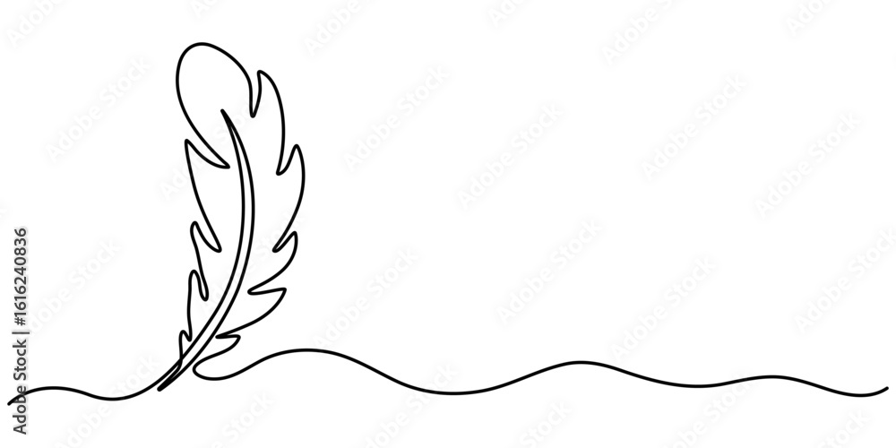 Poster feather continuous one line drawing minimalism design, single line drawing of feather isolated outli