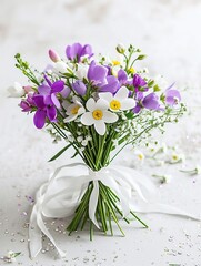 Bouquet of purple and white flowers on table