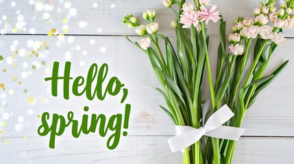 Spring bouquet with white ribbon on table