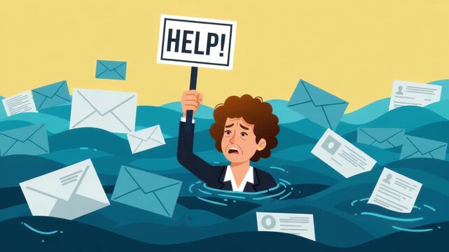 A person looks distressed underwater, surrounded by a flood of emails and documents