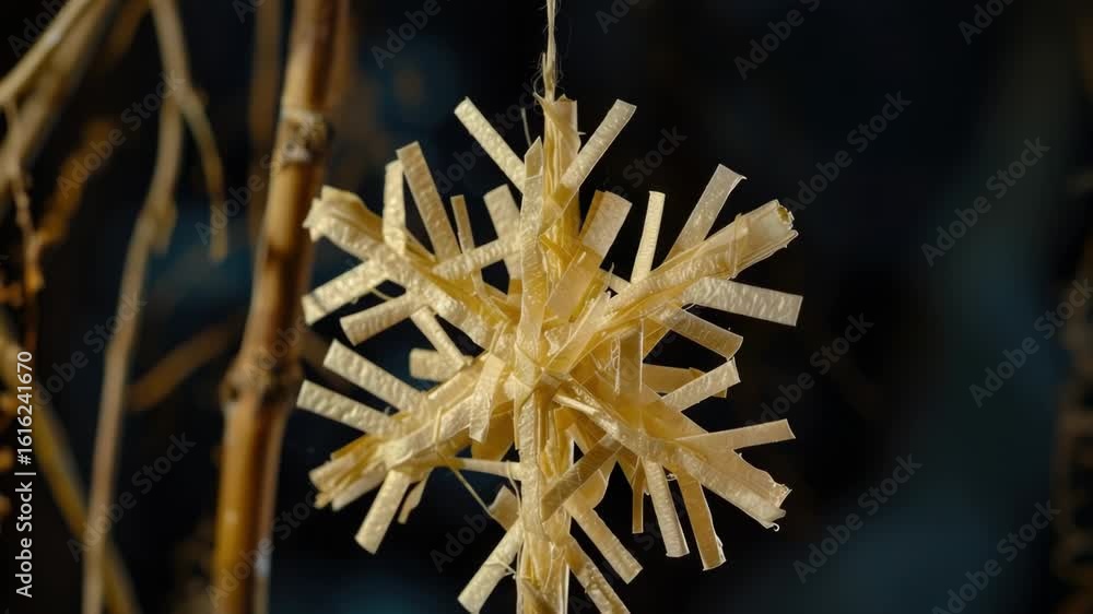 Poster a delicate paper snowflake hangs from a bare tree branch, surrounded by winter scenery