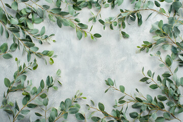 Eucalyptus leaves frame grey background simple design nature greenery