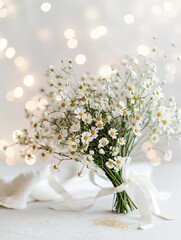 Bouquet of daisies tied to white ribbon