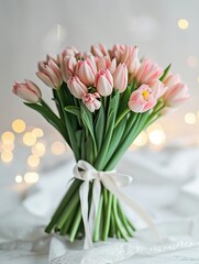 Pink tulip bouquet wrapped in white ribbon