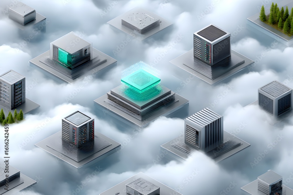 Poster digital landscape featuring futuristic buildings floating above clouds, with a central glowing struc