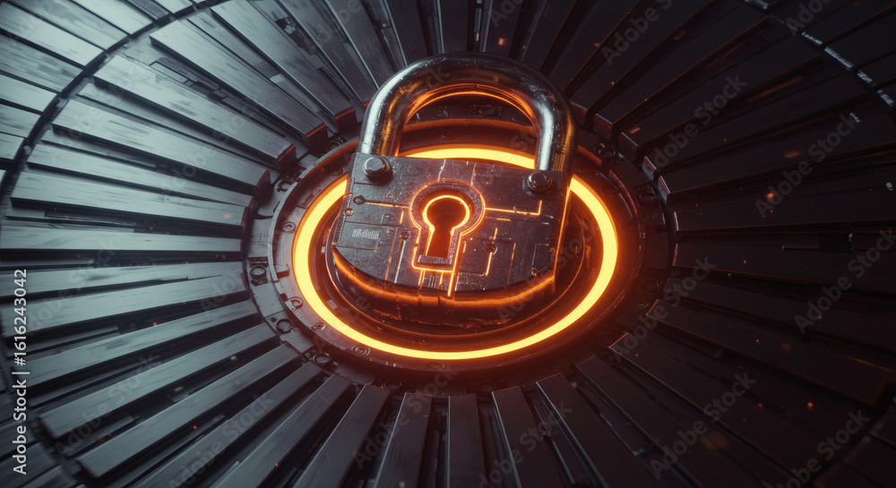 Poster futuristic cybersecurity concept with a glowing digital padlock on a metallic mechanism. advanced da