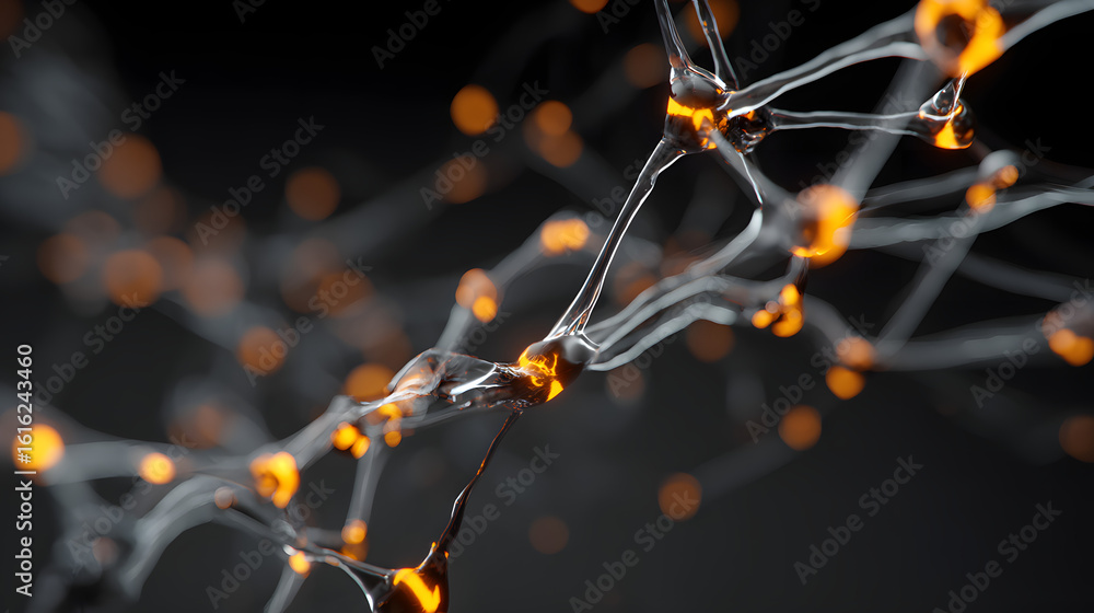 Poster abstract technological network: grey and orange metallic structure with glowing connections