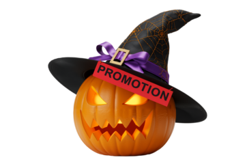 Angry Pumpkin with Witch Hat and 'Promotion' Banner – Spooky Marketing Twist