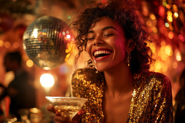 Joyful Celebration: Woman in Gold Sequin Dress Holding Cocktail at Vibrant Disco Party