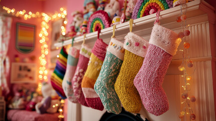 Cozy Christmas: Colorful Knitted Stockings on Festive Pink Mantel with Glowing Fairy Lights