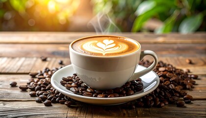 A cup of latte art on a wooden table
