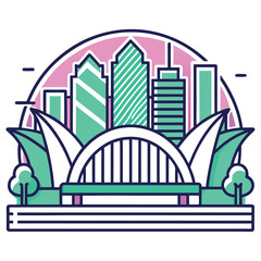 Obraz premium Art of a vibrant illustration of a modern city skyline with a bridge and park elements