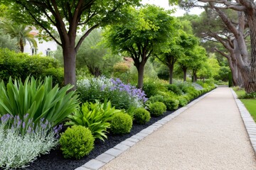 Obraz premium Gravel path winding through lush garden with blooming flowers and trees