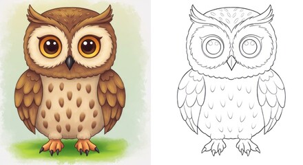 Fototapeta premium Cartoon owl character in color and outline illustrations 