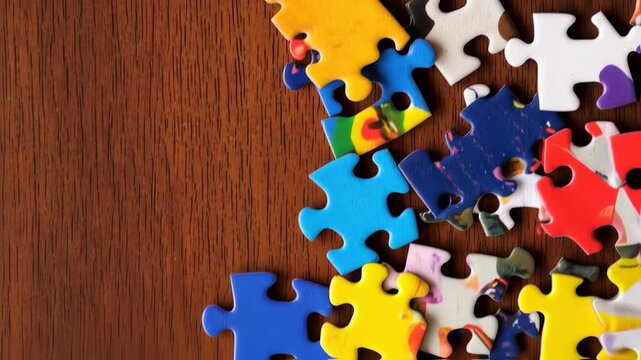 Dynamic Close-Up of Vibrant Jigsaw Puzzle Pieces Appearing and Shifting on a Warm Wooden Background